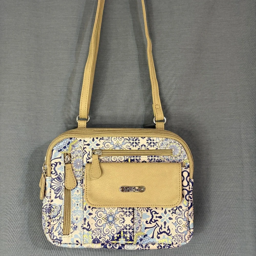 MultiSac Crossbody Purse Bag Beige & Blue Floral Casablanca Zip Pockets